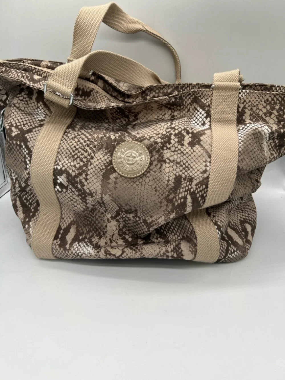 Kipling Taupe Snake-Print Canvas Tote with Beige Webbing